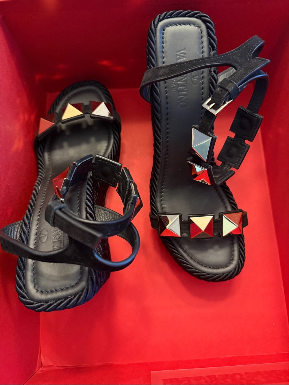 Valentino Garavani Black Leather Rockstud Flat Sandals with Red Accents